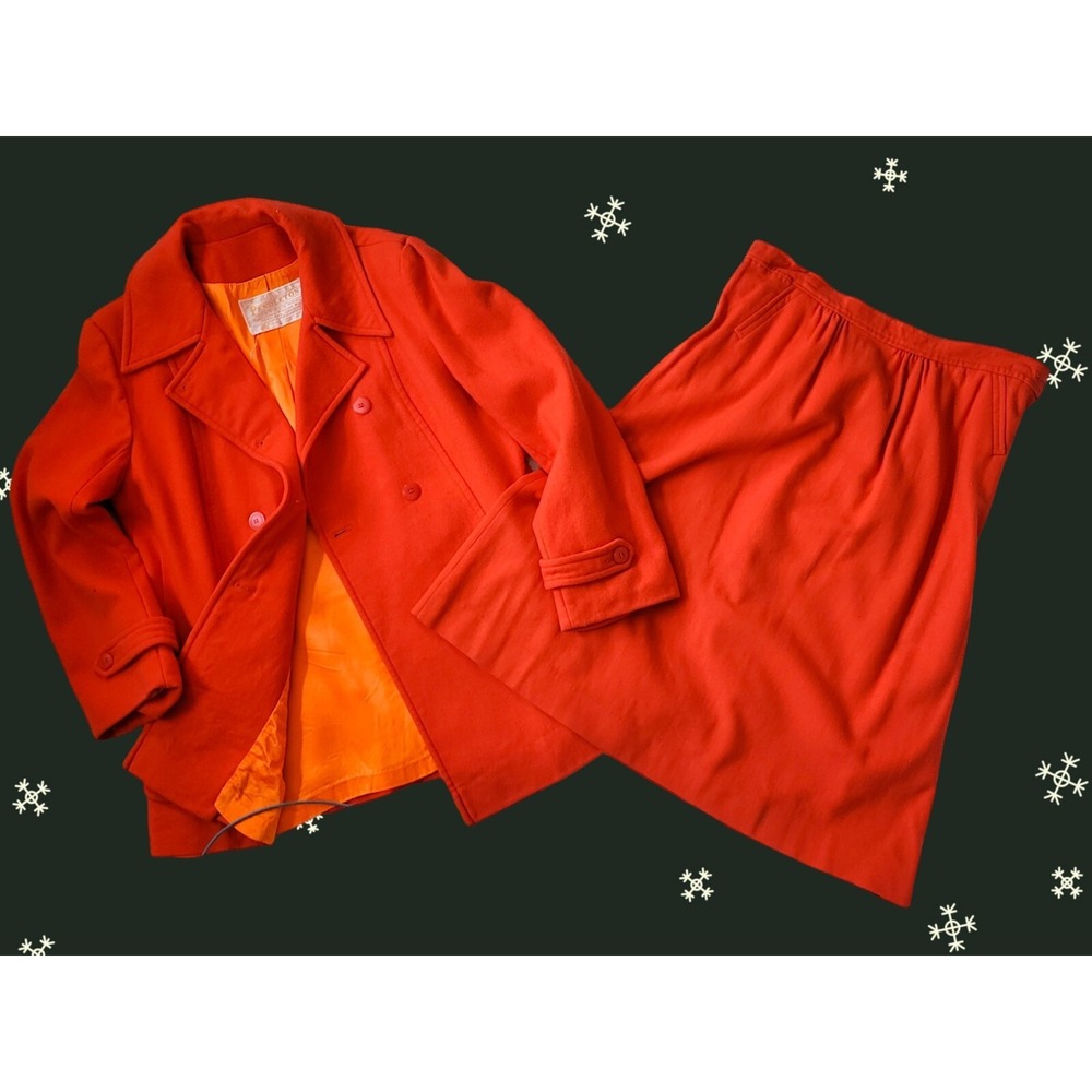 Vtg Women's L Pendleton Wool Skirt & Double-Breasted Blazer Tomato Red/Orange